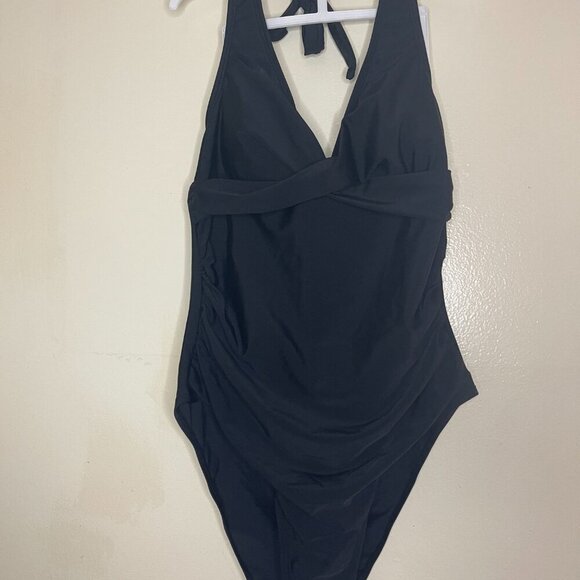 Black Halter One-Piece Swimsuit with Rushed Front & Tie Neck by Smismivo, S NWT. - Picture 1 of 6